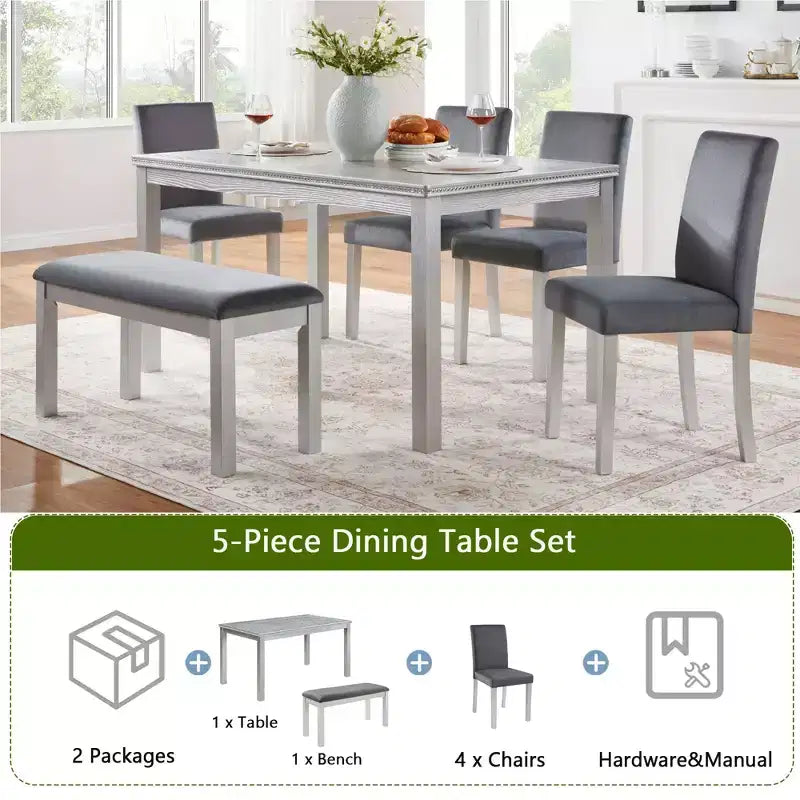 Table à Manger en Bois 6 Pièces avec 4 Chaises Rembourrées et un Banc pour 6 Personnes, Ensemble de Table à Manger Rectangulaire avec Décoration en Cristal