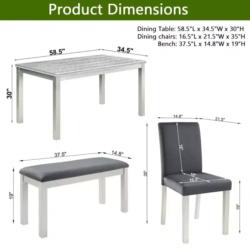 Table à Manger en Bois 6 Pièces avec 4 Chaises Rembourrées et un Banc pour 6 Personnes, Ensemble de Table à Manger Rectangulaire avec Décoration en Cristal