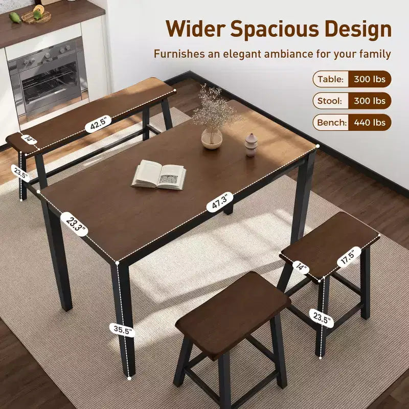 Captiva Designs Ensemble de salle à manger 4 pièces en bois avec table à manger rectangulaire, tabourets et banc
