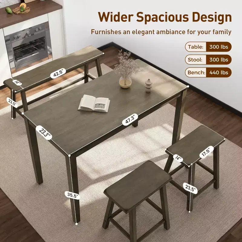 Captiva Designs Ensemble de salle à manger 4 pièces en bois avec table à manger rectangulaire, tabourets et banc
