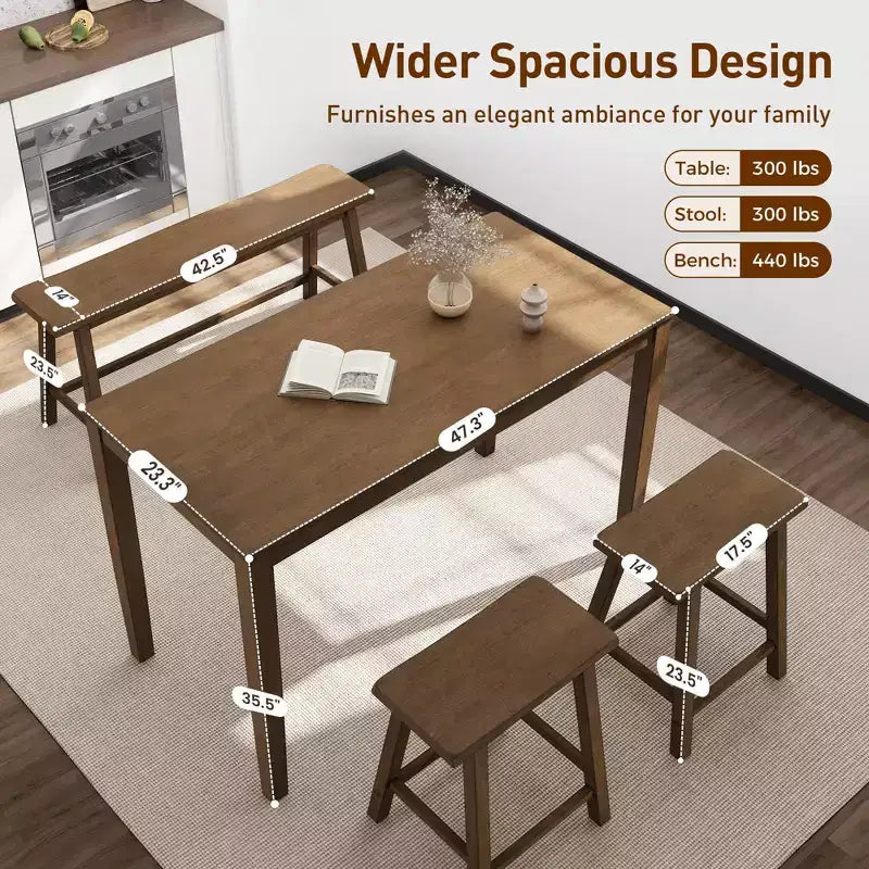 Captiva Designs Ensemble de salle à manger 4 pièces en bois avec table à manger rectangulaire, tabourets et banc