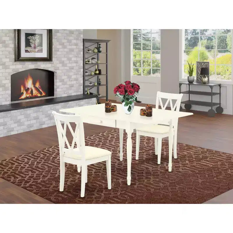 Ensemble de salle à manger 3 pièces HomeStock avec plateau en bois massif finition blanc lin et table à rabats