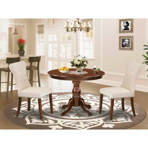 Ensemble de salle à manger 3 pièces en acajou massif – Dessus de table rond touffeté – 4 places