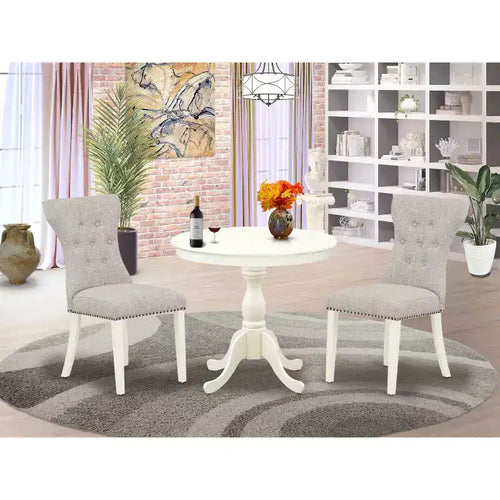 Ensemble de salle à manger 3 pièces en bois massif finition blanc lin avec plateau, revêtement capitonné – 4 places