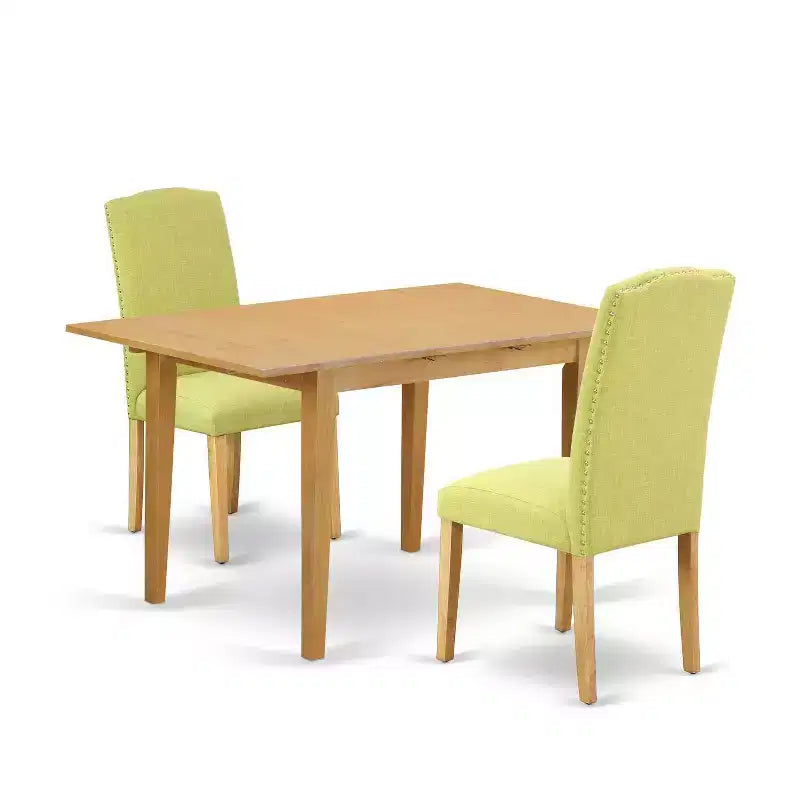 Rectangular Dining Table Set - 3pc Table with Butterfly Leaf & 2 Parsons Chairs - Linen Fabric, Oak Legs