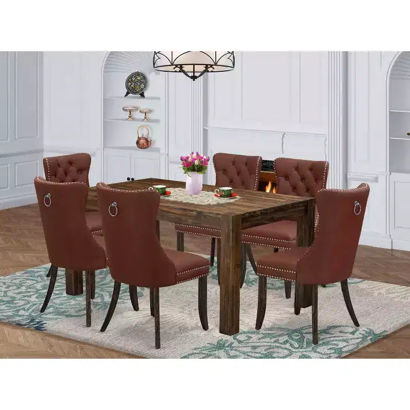Table à manger HomeStock 7 pièces rectangulaire en bois massif finition chêne naturel avec 6 chaises Parson