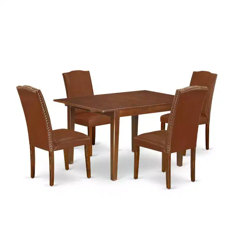 Dinette Set 5Pc Rectangle Table w/ Leaf & 4 Parsons Chairs - Brown Faux Leather