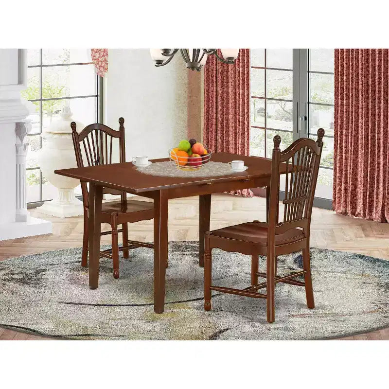 Ensemble repas rustique pour cuisine – Table et 2 chaises, 81x137 cm, finition acajou