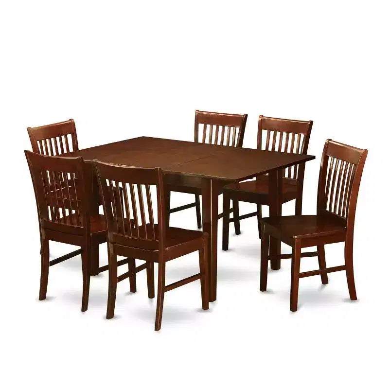 Dining Room Table Set 7 Piece - Rectangular Table with Butterfly Leaf & 6 Chairs - Mahogany Finish