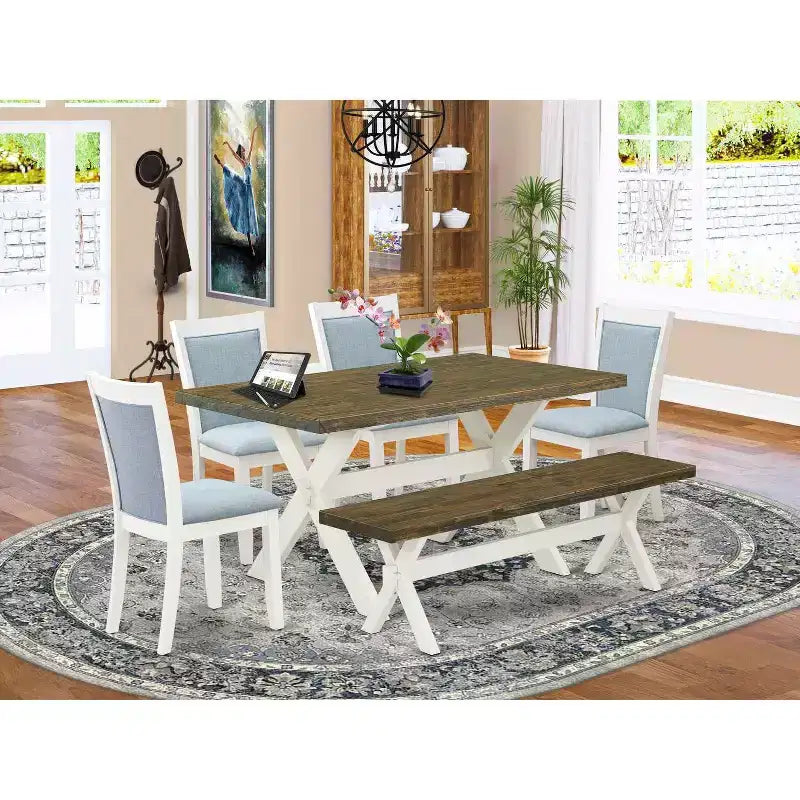 HomeStock Table de salle à manger 6 pièces rectangulaire en bois massif brossé blanc lin avec 1 banc et 4 chaises