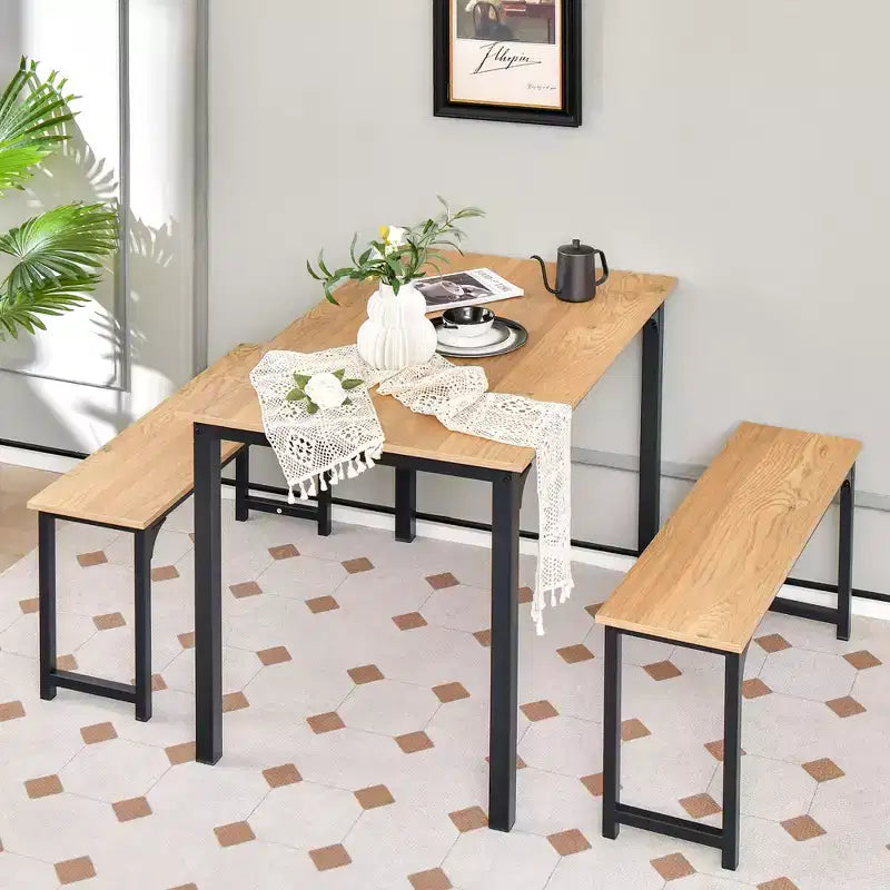 Ensemble table et bancs de salle à manger Costway Modern 3 pièces avec structure en métal et plateau en bois