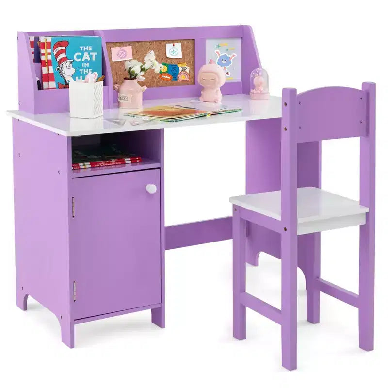 Costway Kids Study Desk with Chair, Whiteboard, Marker, Hutch, Storage Cabinet Purple/White