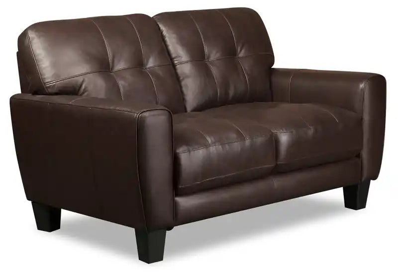 Causeuse en cuir véritable de 63 po avec capitonnage à boutons