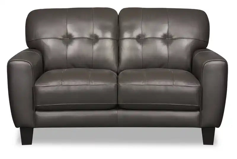 Causeuse en cuir véritable de 63 po avec capitonnage à boutons