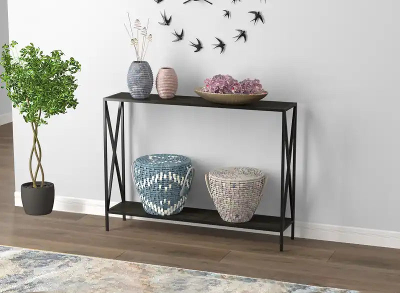 Console 40 avec 1 étagère - Bois gris foncé Base en métal noir