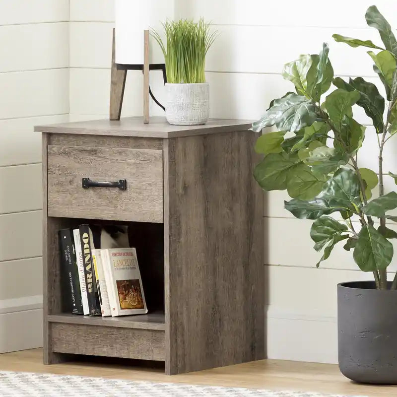 Table de chevet à 1 tiroir avec espace de rangement ouvert - Chêne vieilli