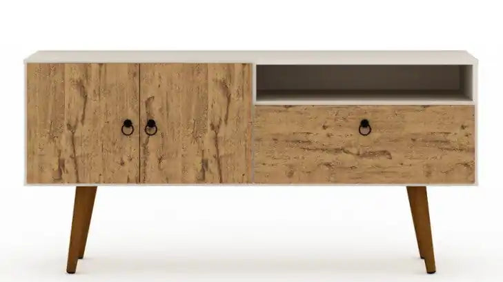 Manhattan Comfort Tribeca 53.94 Mid-Century Modern TV Stand with Solid Wood Legs - Off White & Natu