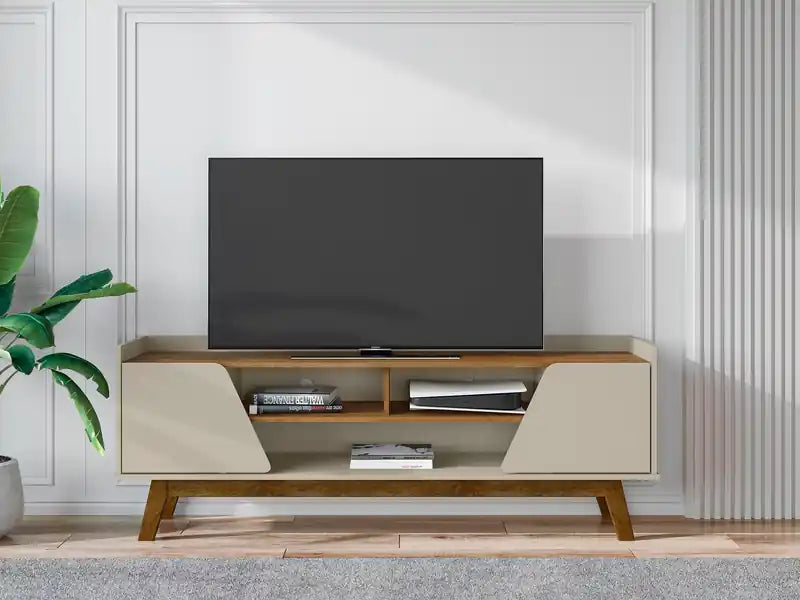 Meuble TV moderne du milieu du siècle de 160 cm avec pieds en bois massif - Greige et naturel