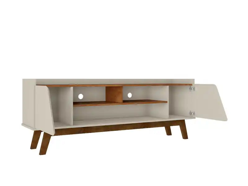 Meuble TV moderne du milieu du siècle de 160 cm avec pieds en bois massif - Greige et naturel