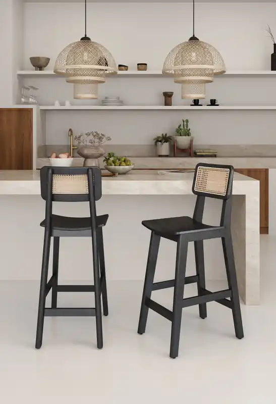 Tabouret de bar hauteur comptoir – Noir et cannage naturel