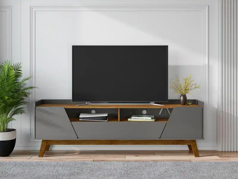 Meuble TV de style Mid-Century Modern 70.86 avec pieds en bois massif - Gris et naturel