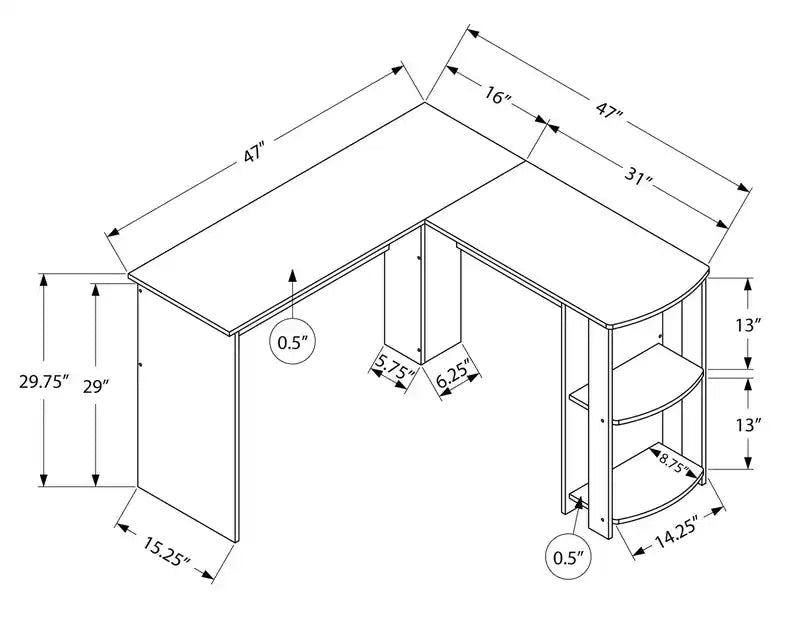 Bureau d'angle en L de 47" avec étagère - Chêne