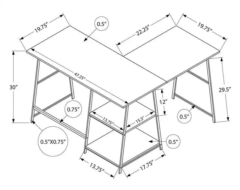 Bureau d'angle en L de 42 pouces avec étagères