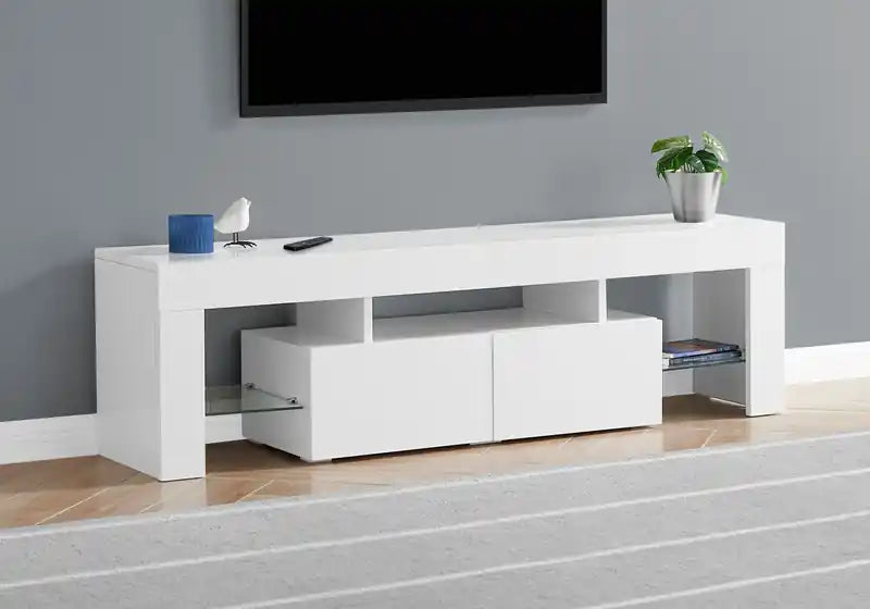 Meuble TV moderne de 63 pouces avec rangement et gestion des câbles pour téléviseurs jusqu'à 70 pouces - Blanc
