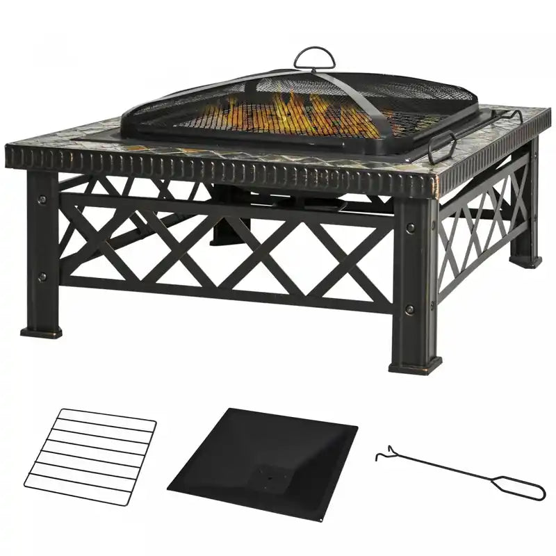Outsunny 30 Outdoor Steel Square Firepit Square Stove With Spark Screen Cover, Log Grate, Poker, Gr