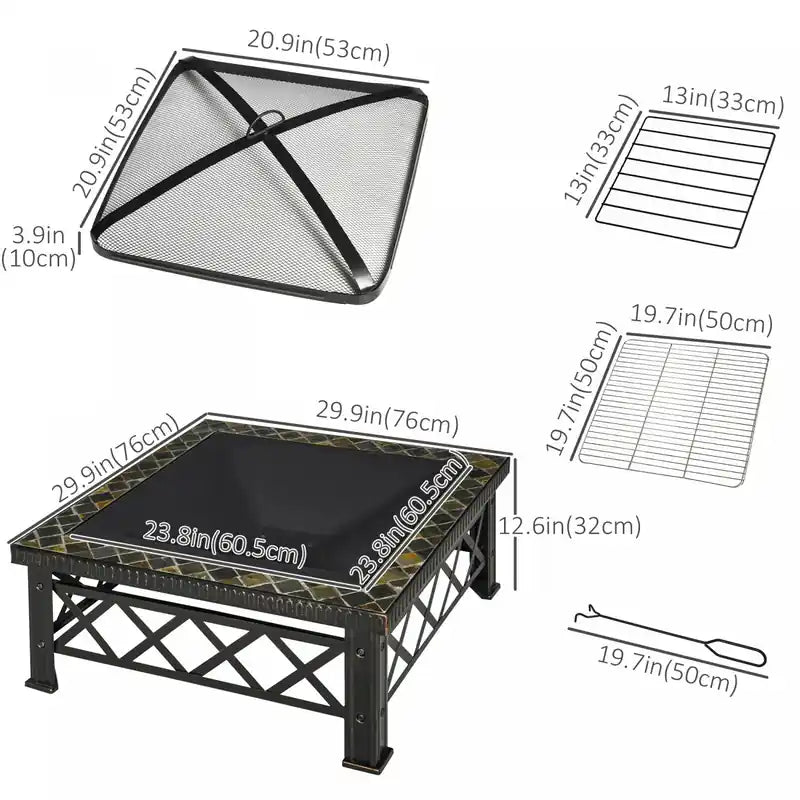Foyer d'extérieur carré en acier de 76 cm avec pare-étincelles, grille à bûches, tisonnier, gril
