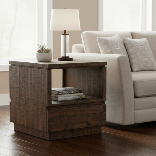 Rustic End Table with Living Room Background